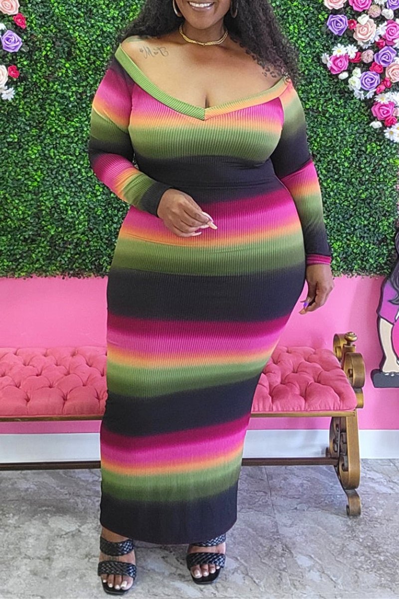 Plus Size Color Splicing V-Neck Maxi Dress