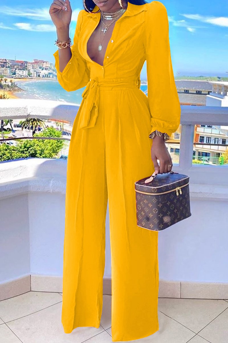 Plus Size Button Up Lapel Wide Leg Belted Jumpsuit
