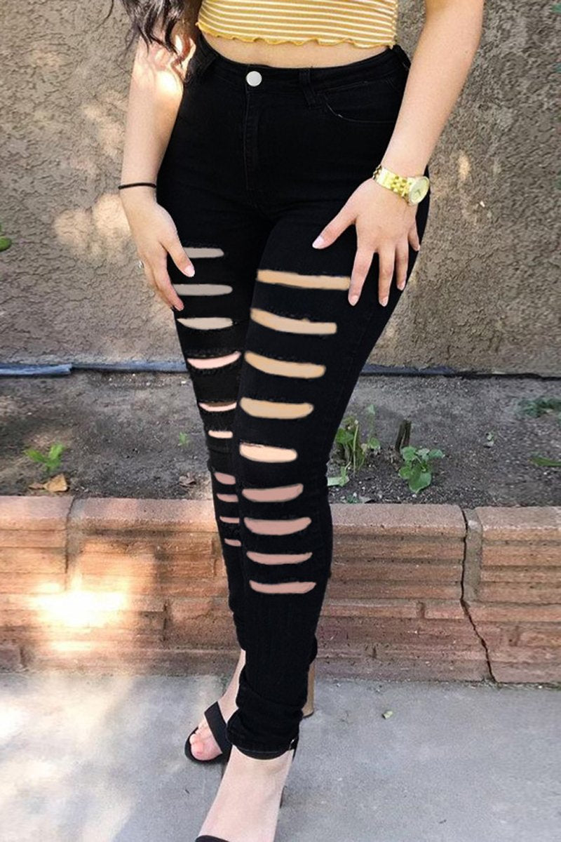 Plus Size Denim Hole High Waist Jeans