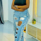 Plus Size Denim Tassel Hem Sequin Hole Wide Leg Jeans