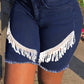 Plus Size Denim High Waist Tassel Hem Shorts