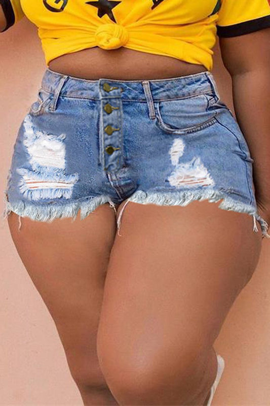 Plus Size Denim Button Up Tassels Shorts