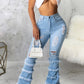 Plus Size Denim Tassel Hem Hole Tiered Jeans