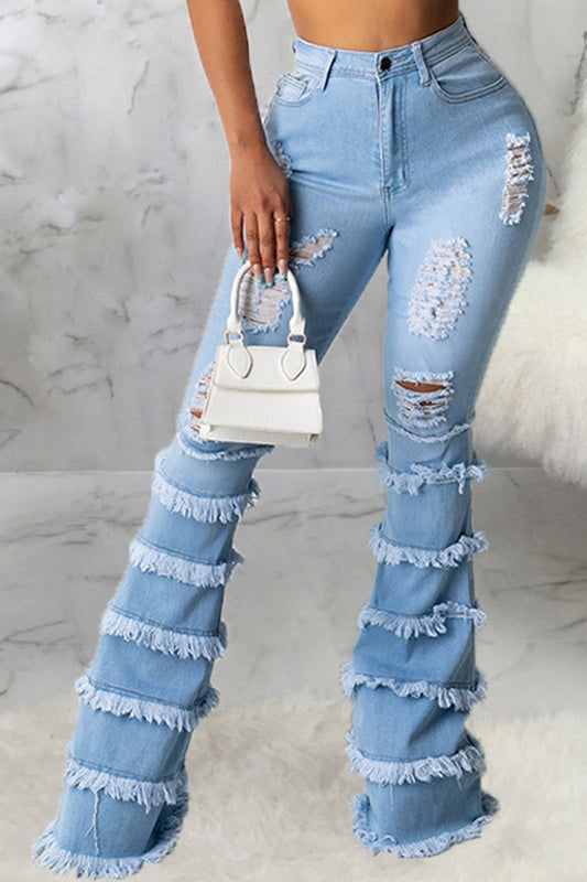 Plus Size Denim Tassel Hem Hole Tiered Jeans