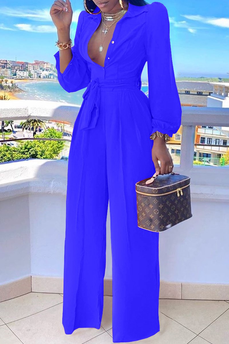 Plus Size Button Up Lapel Wide Leg Belted Jumpsuit