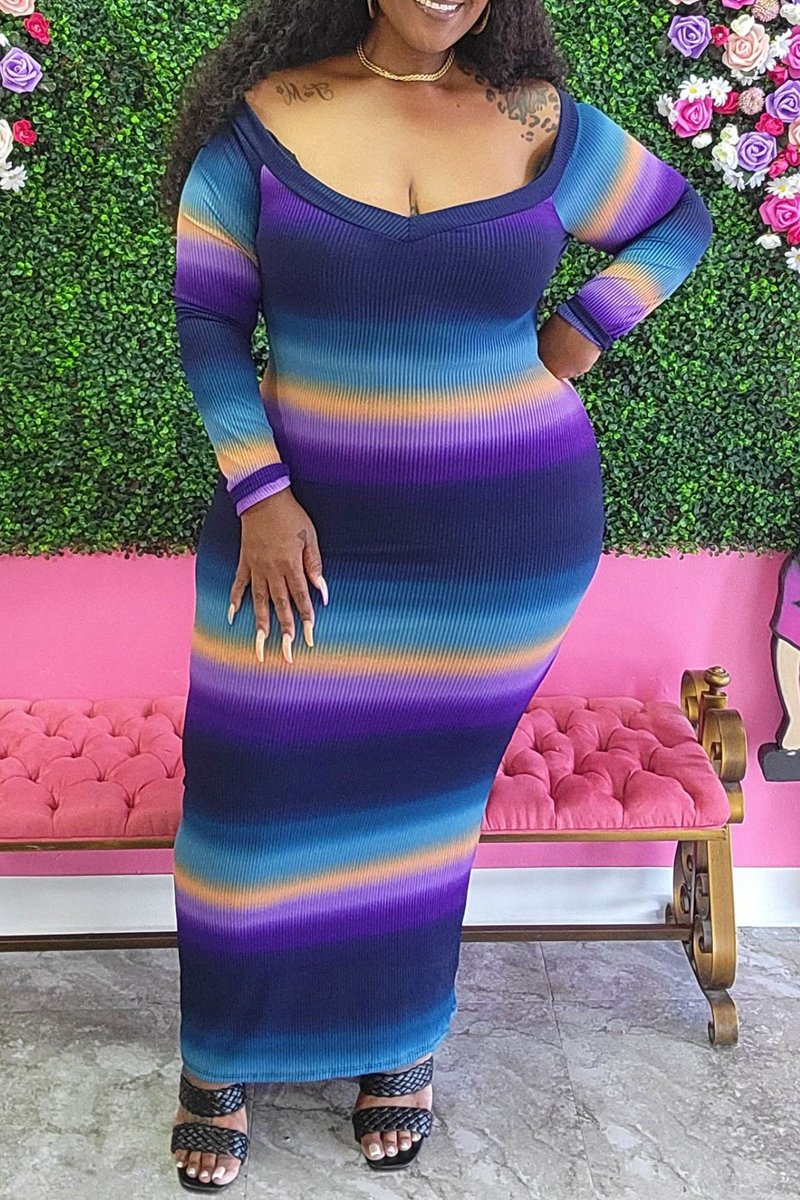 Plus Size Color Splicing V-Neck Maxi Dress