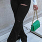 Plus Size Denim Hole Side Slit Flared Jeans