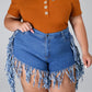 Plus Size Denim Tassel Hem Pocket Shorts