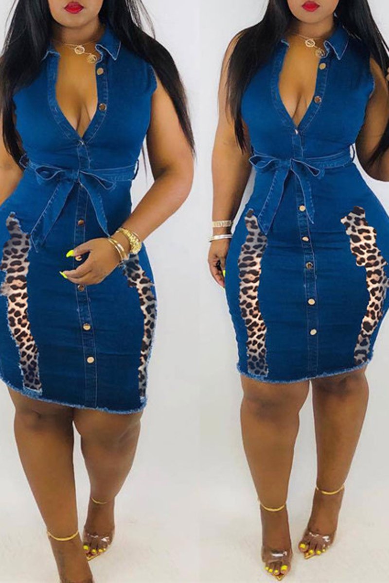 Plus Size Denim Leopard Patchwork Button Dress