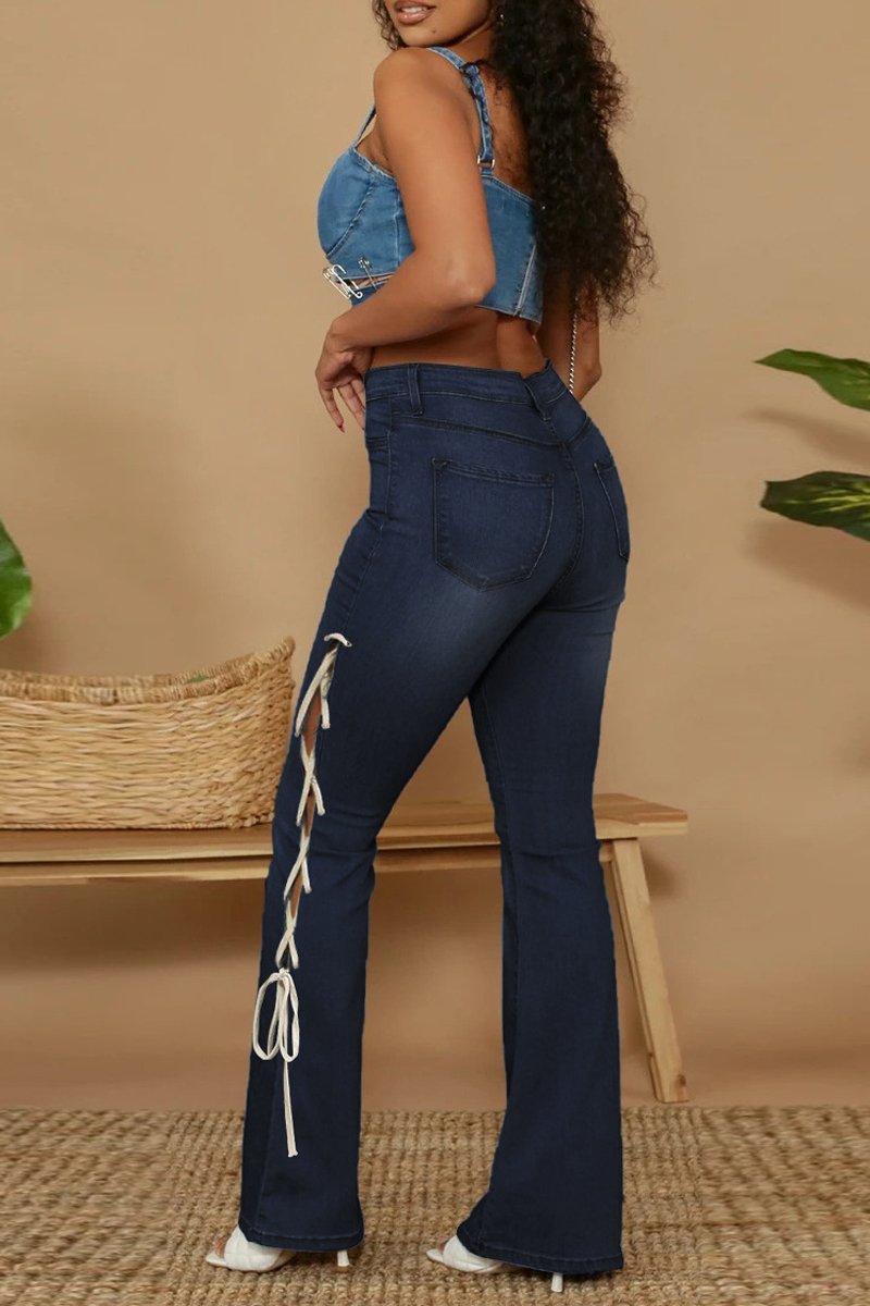 Plus Size Denim Side Bandage High Waist Flared Jeans