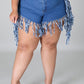 Plus Size Denim Tassel Hem Pocket Shorts