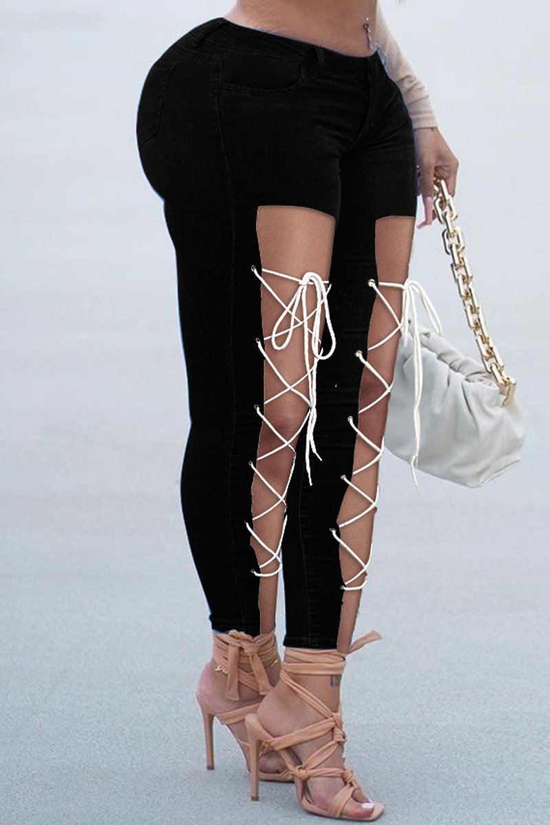 Plus Size Denim Hole Bandage Low Waist Jeans
