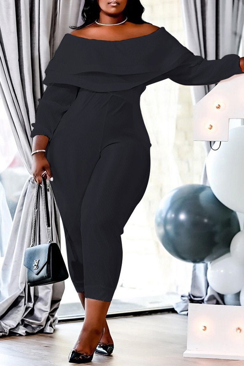 Plus Size Boat Neck Ruffle Long Sleeve Jumpsuit
