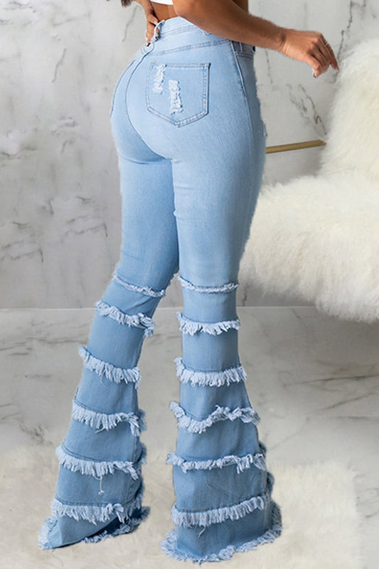 Plus Size Denim Tassel Hem Hole Tiered Jeans