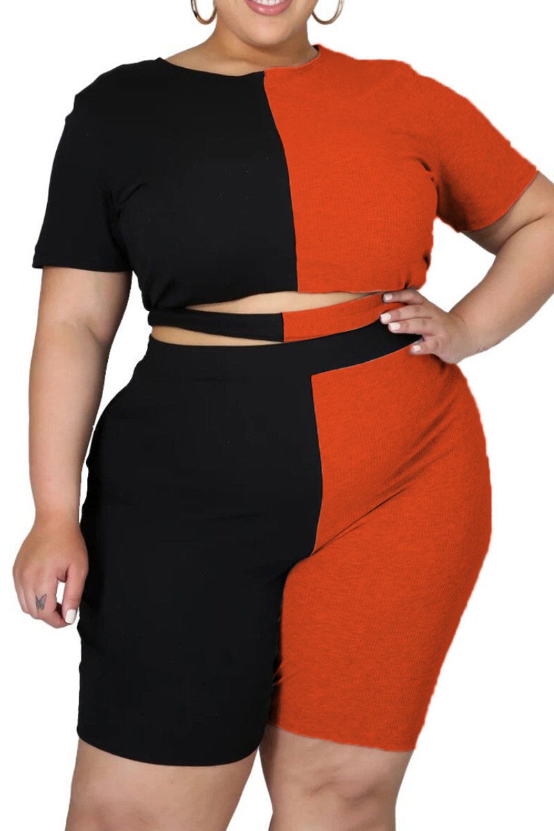 Plus Size Color Patchwork Cutout Two Piece Sets