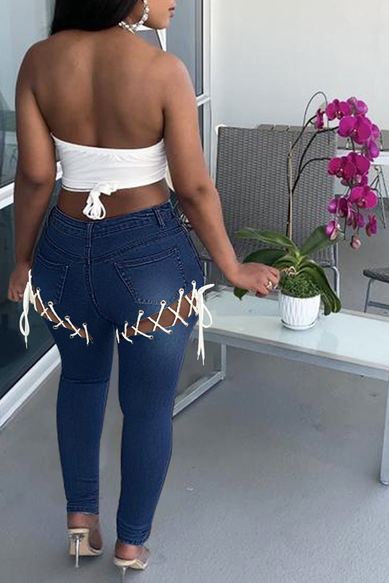 Plus Size Denim Back Bandage Mid Waist Jeans