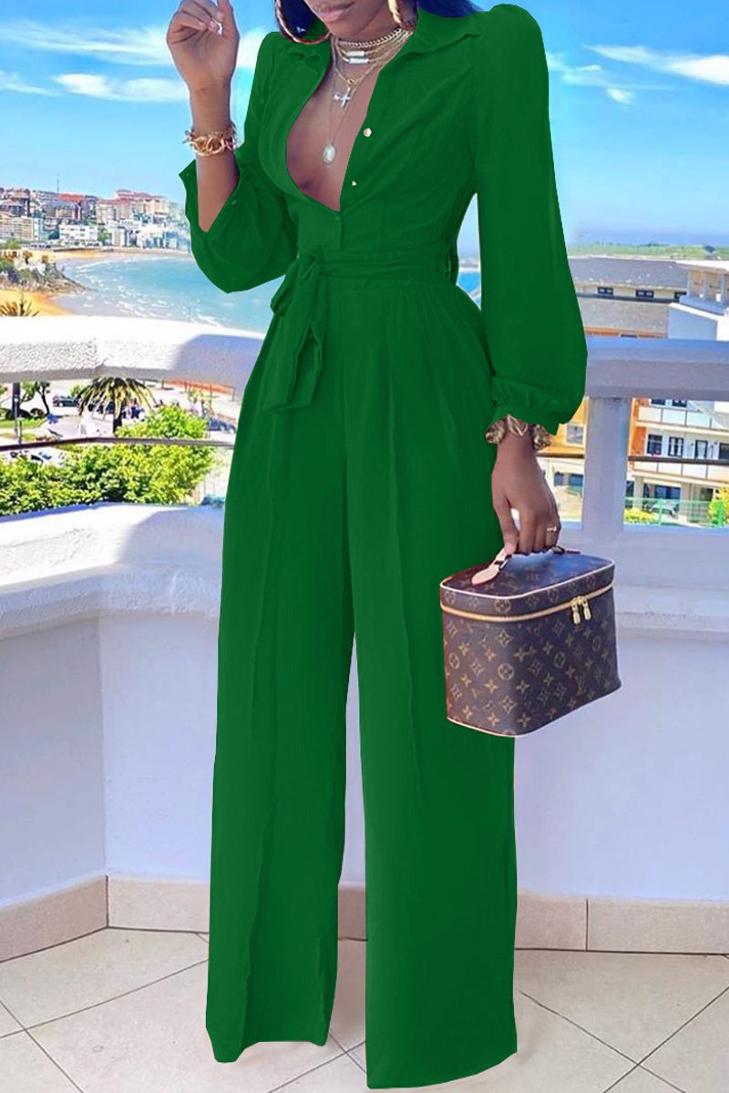 Plus Size Button Up Lapel Wide Leg Belted Jumpsuit