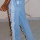 Plus Size Denim Tassel Hem Sequin Hole Wide Leg Jeans