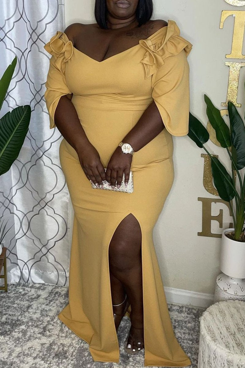 Plus Size Flounced Front Slit Party Maxi Dress
