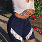Plus Size Denim High Waist Tassel Hem Shorts