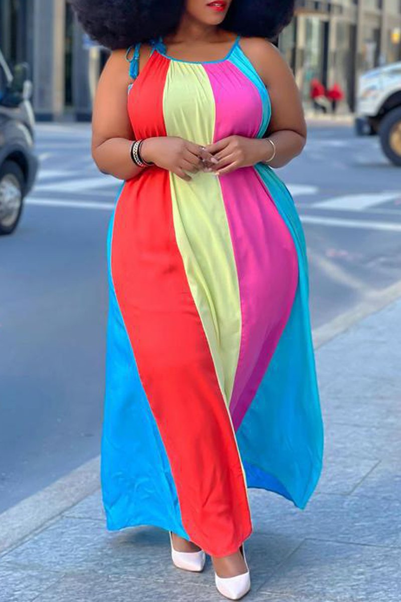 Plus Size Colorful Striped Halter Neck Maxi Dress