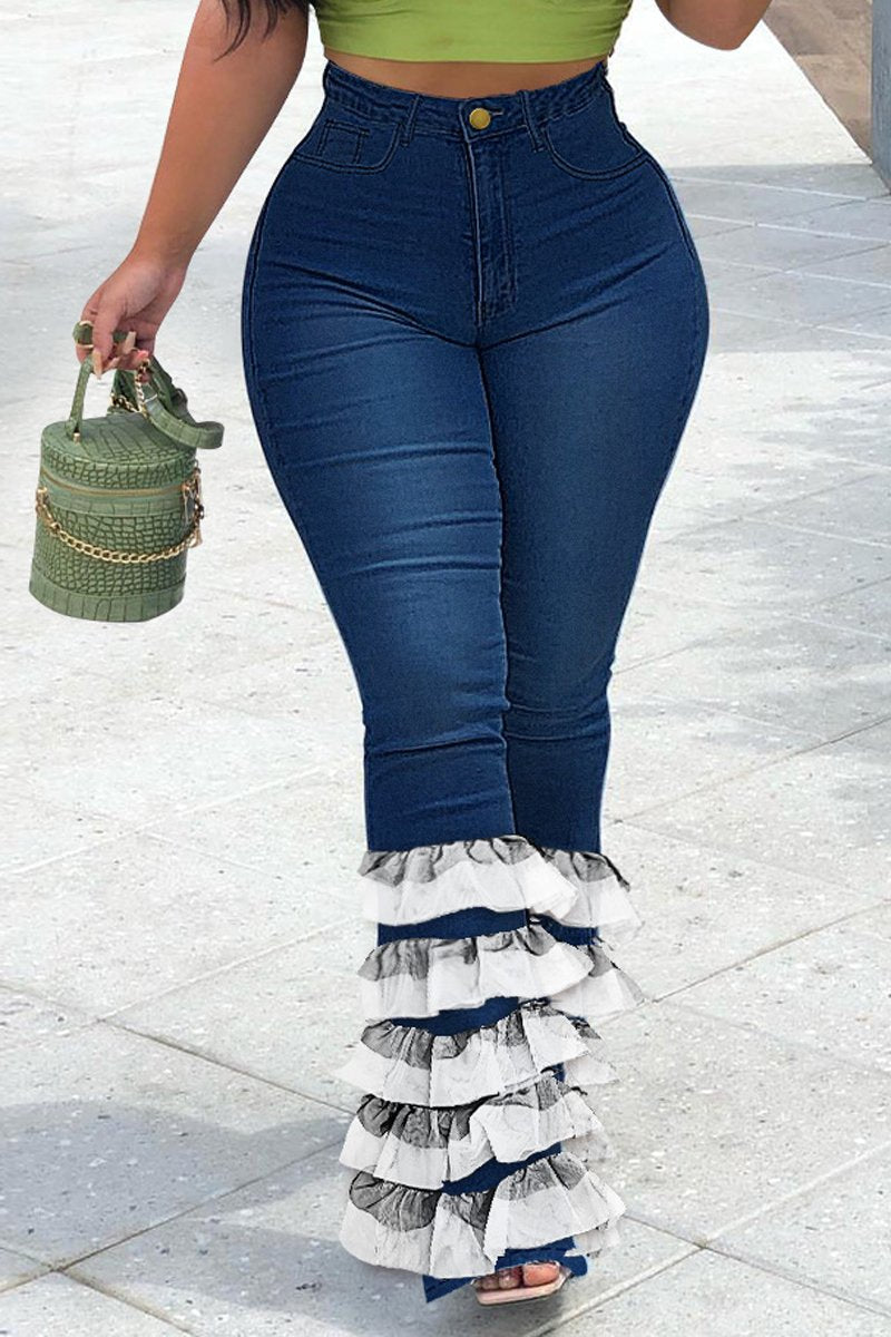 Plus Size Denim Lace Hem High Waist Flared Jeans