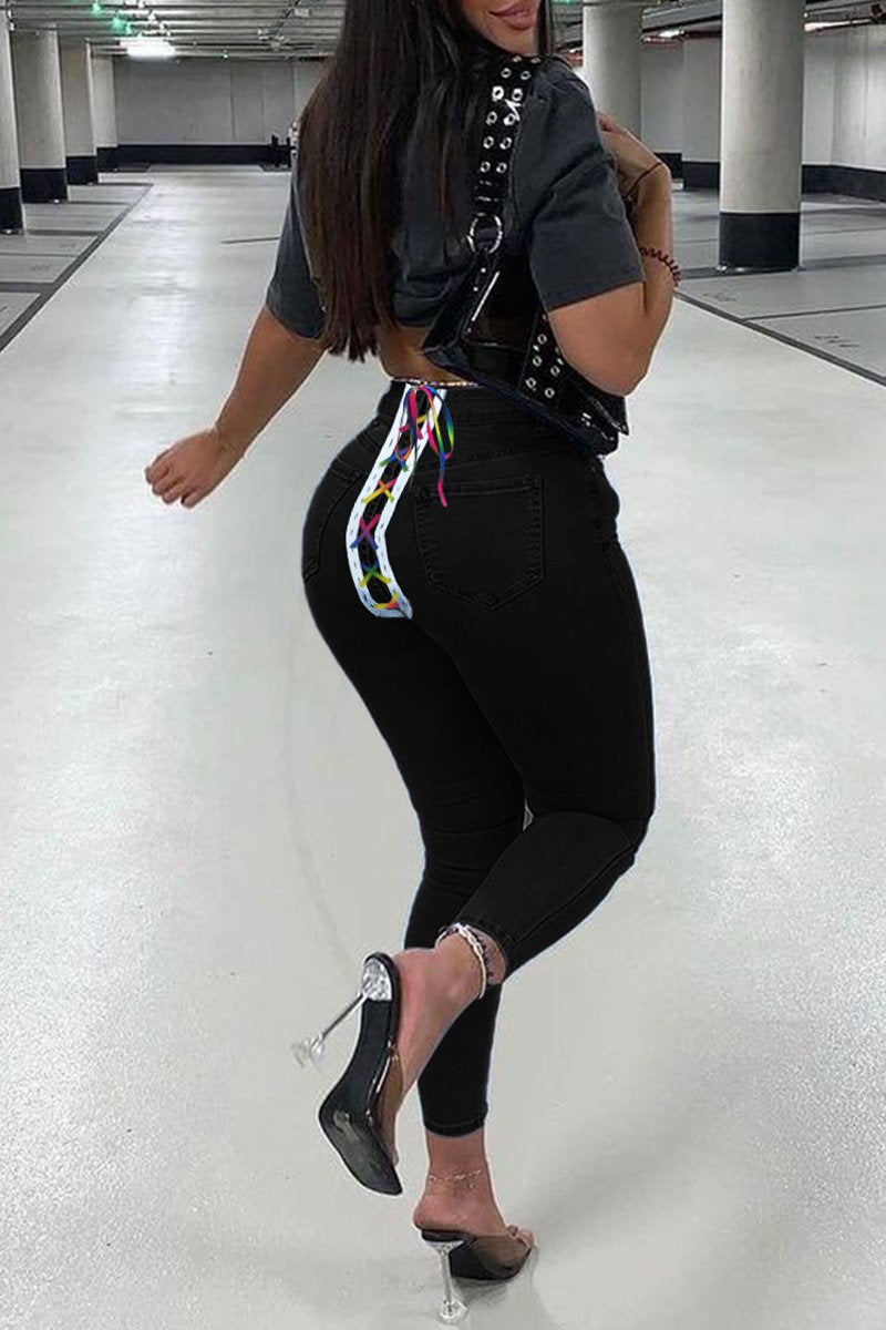 Plus Size Denim Back Colorful Strapped Jeans