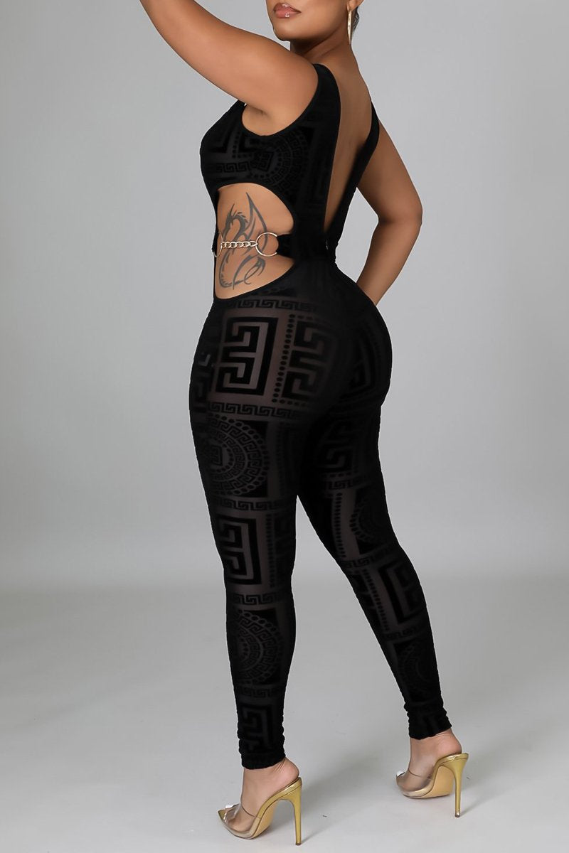 Plus Size Deep V-Neck Printed Hollow Out Jumpsuit