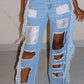 Plus Size Denim Tassel Hem Sequin Hole Wide Leg Jeans