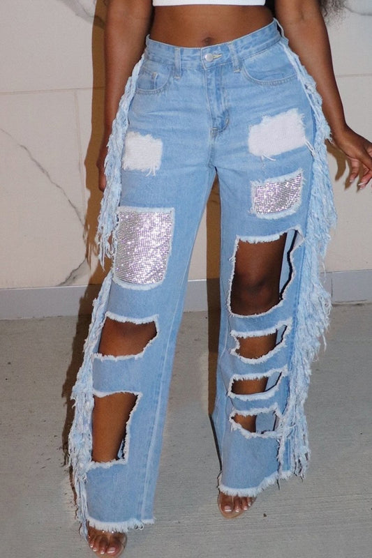 Plus Size Denim Tassel Hem Sequin Hole Wide Leg Jeans