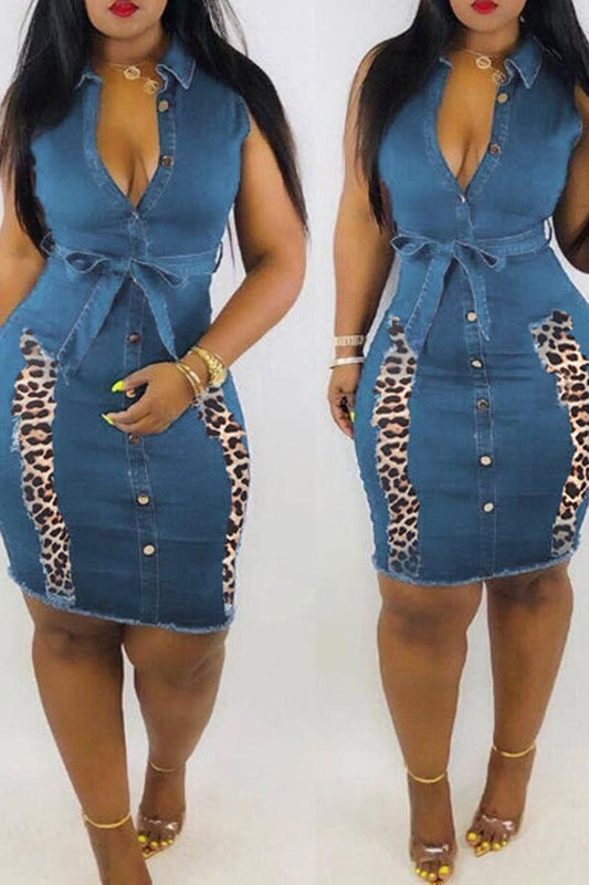 Plus Size Denim Leopard Patchwork Button Dress