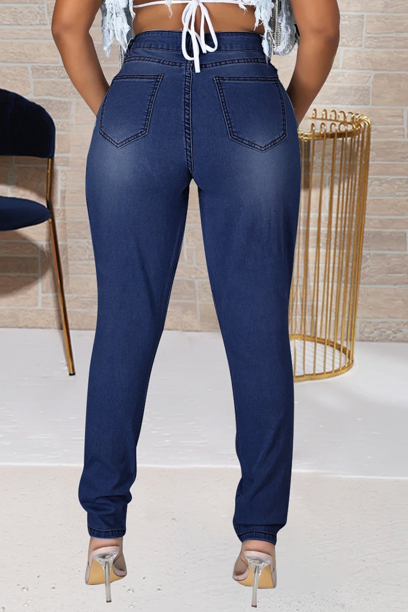 Plus Size Denim Hollow Out Rivet High Waist Jeans