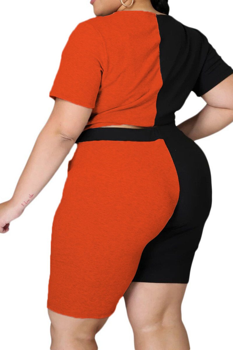Plus Size Color Patchwork Cutout Two Piece Sets
