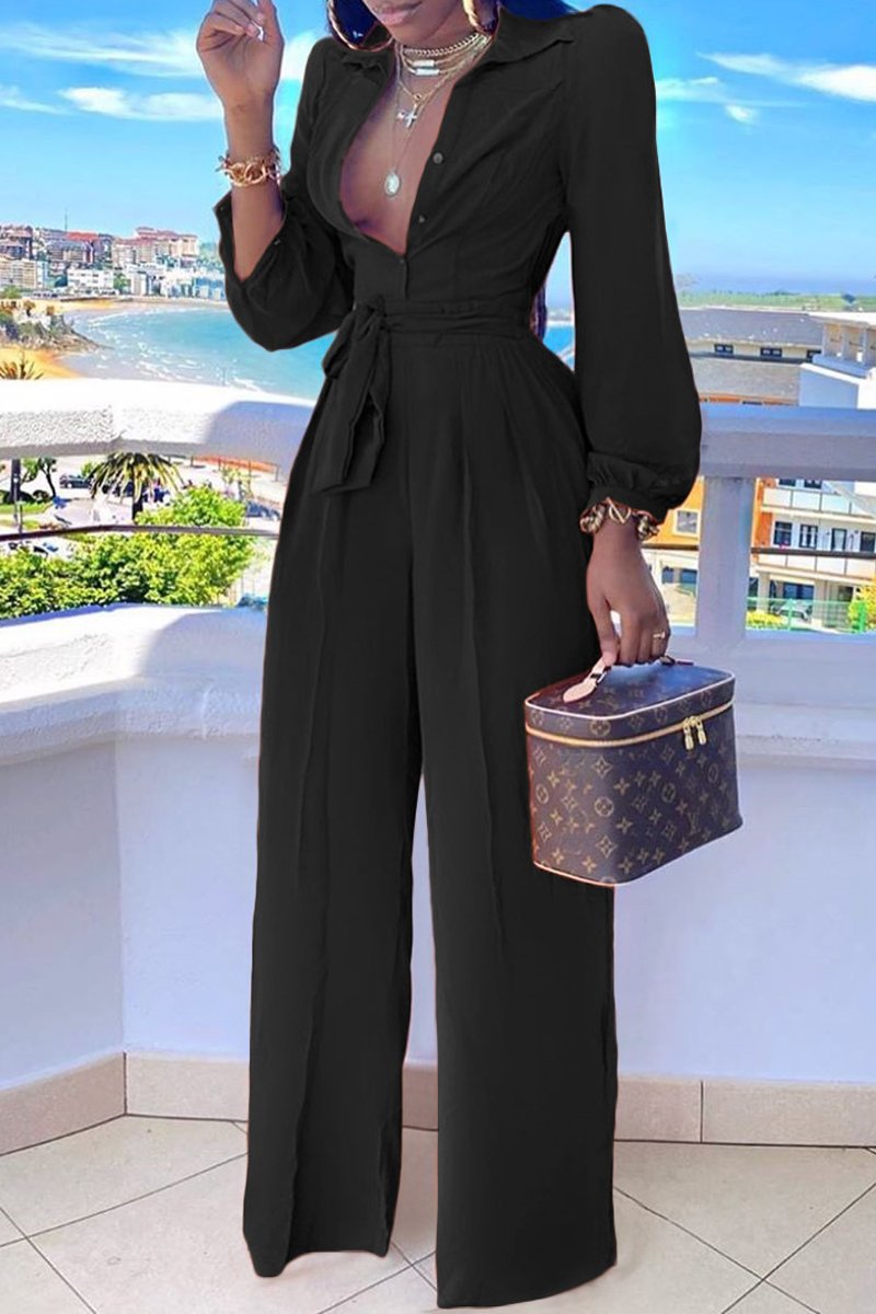 Plus Size Button Up Lapel Wide Leg Belted Jumpsuit