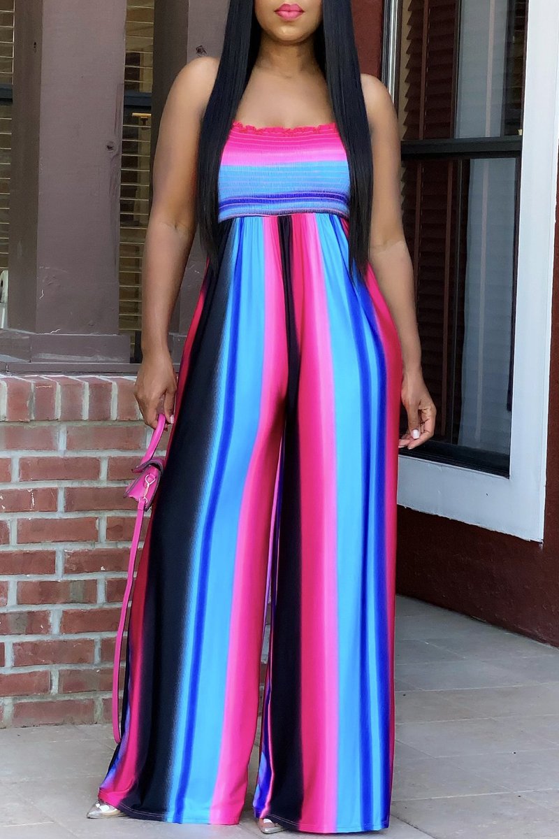Plus Size Color Splicing Hang Neck Jumpsuit