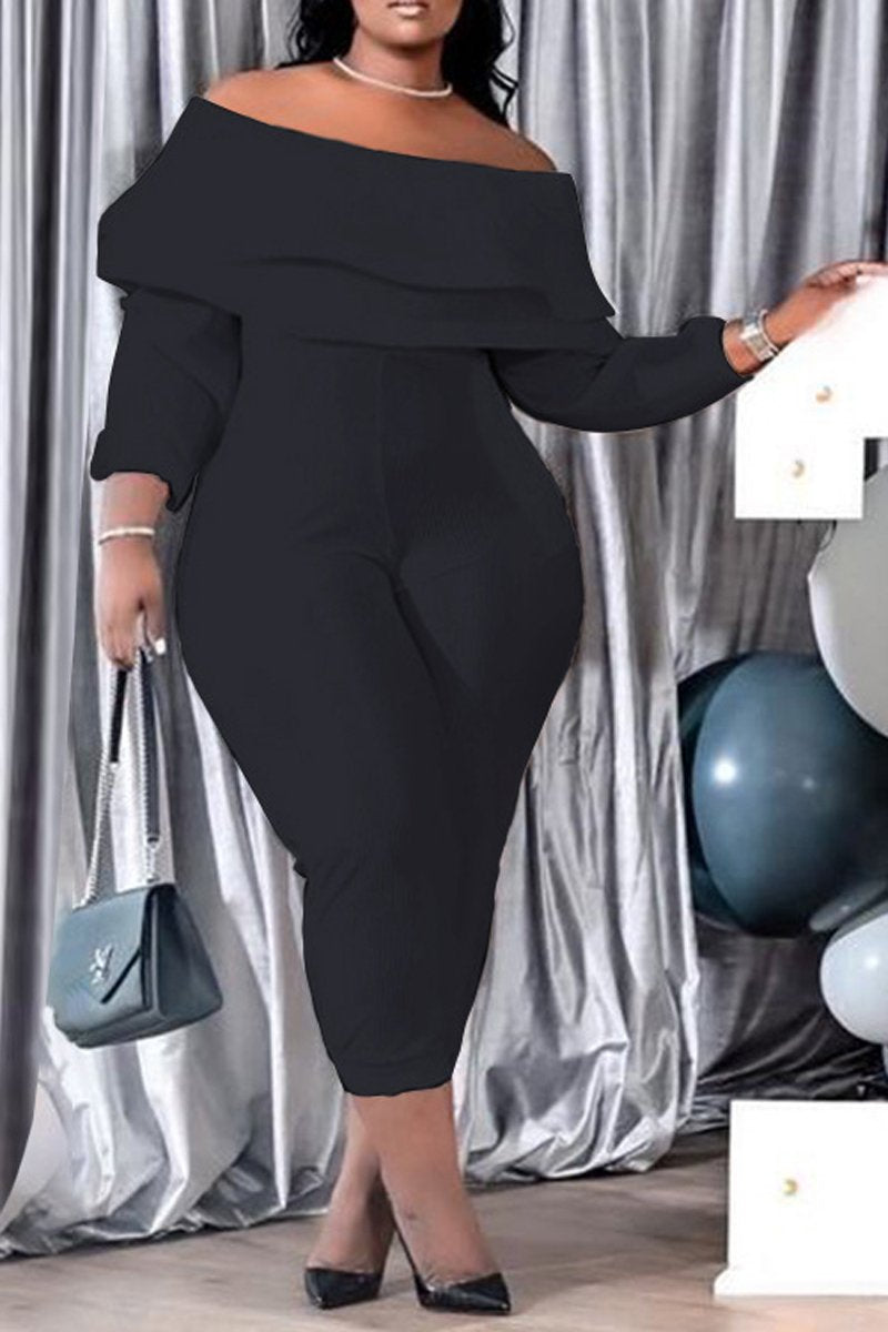 Plus Size Boat Neck Ruffle Long Sleeve Jumpsuit