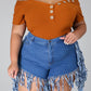 Plus Size Denim Tassel Hem Pocket Shorts