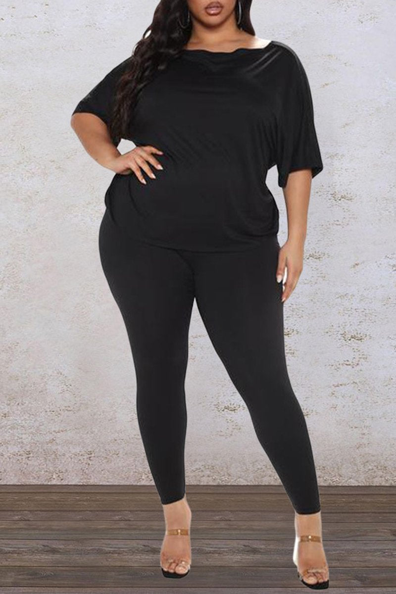 Plus Size Back Twisted Skew Neck Two Piece Sets