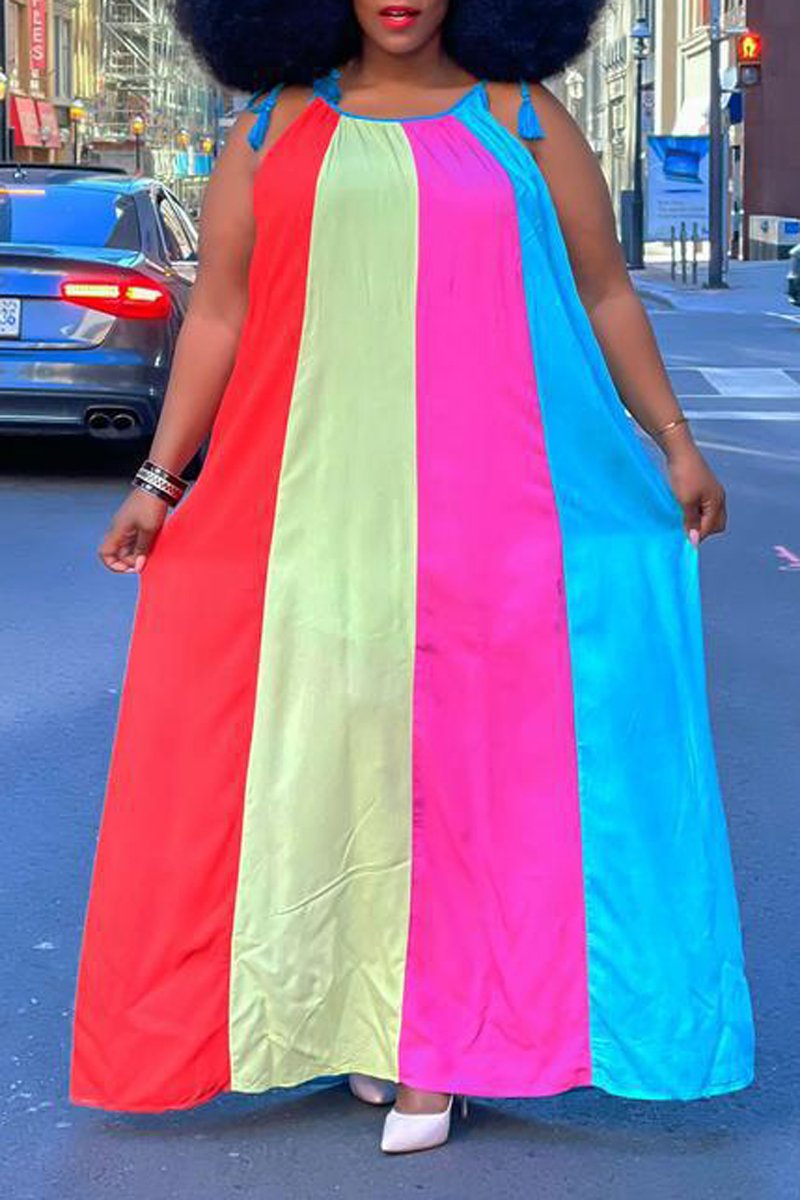 Plus Size Colorful Striped Halter Neck Maxi Dress