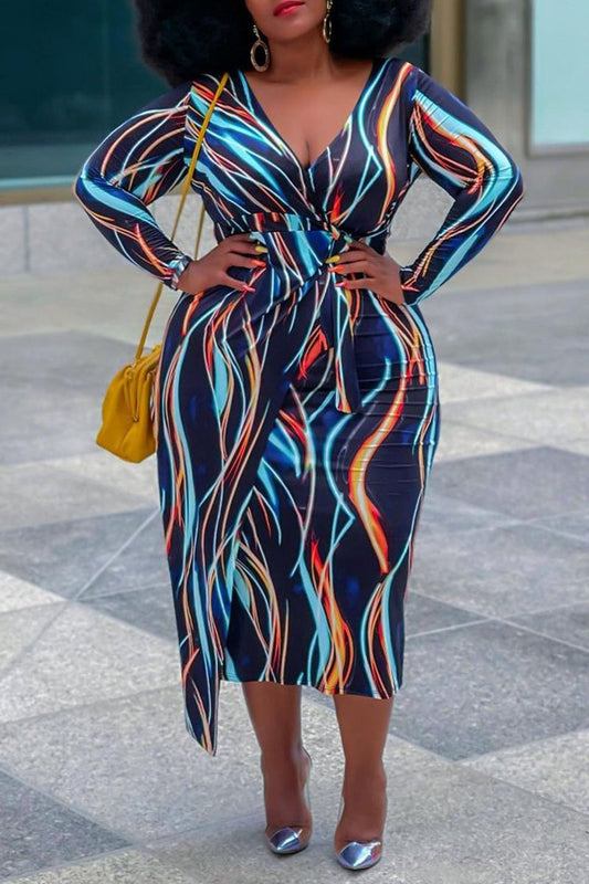 Plus Size Digital Print V-Neck Irregular Dress