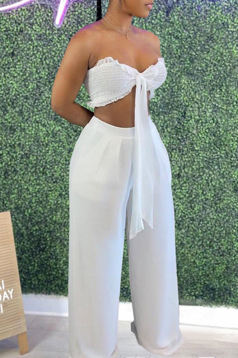 Pleated Off The Shoulder Tie Up Two Piece Sets