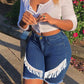 Plus Size Denim High Waist Tassel Hem Shorts