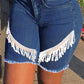 Plus Size Denim High Waist Tassel Hem Shorts