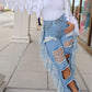 Plus Size Denim Tassel Hem Sequin Hole Wide Leg Jeans