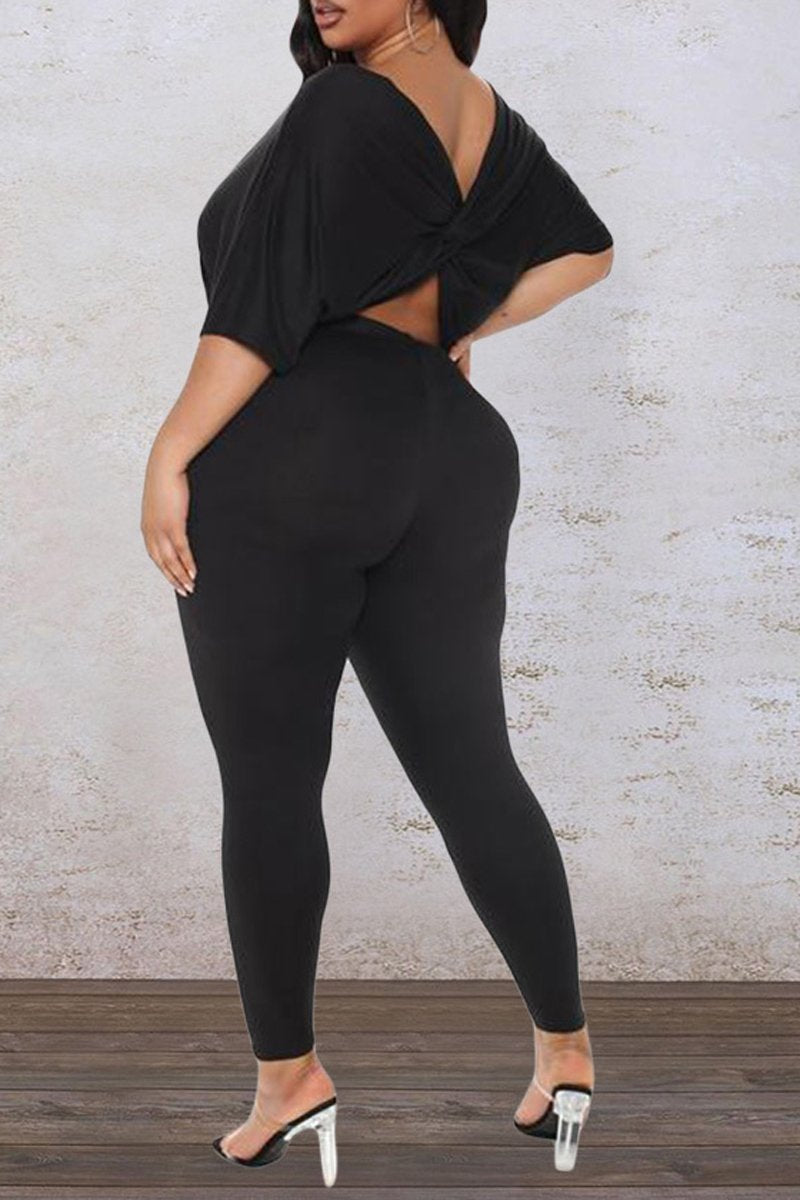 Plus Size Back Twisted Skew Neck Two Piece Sets