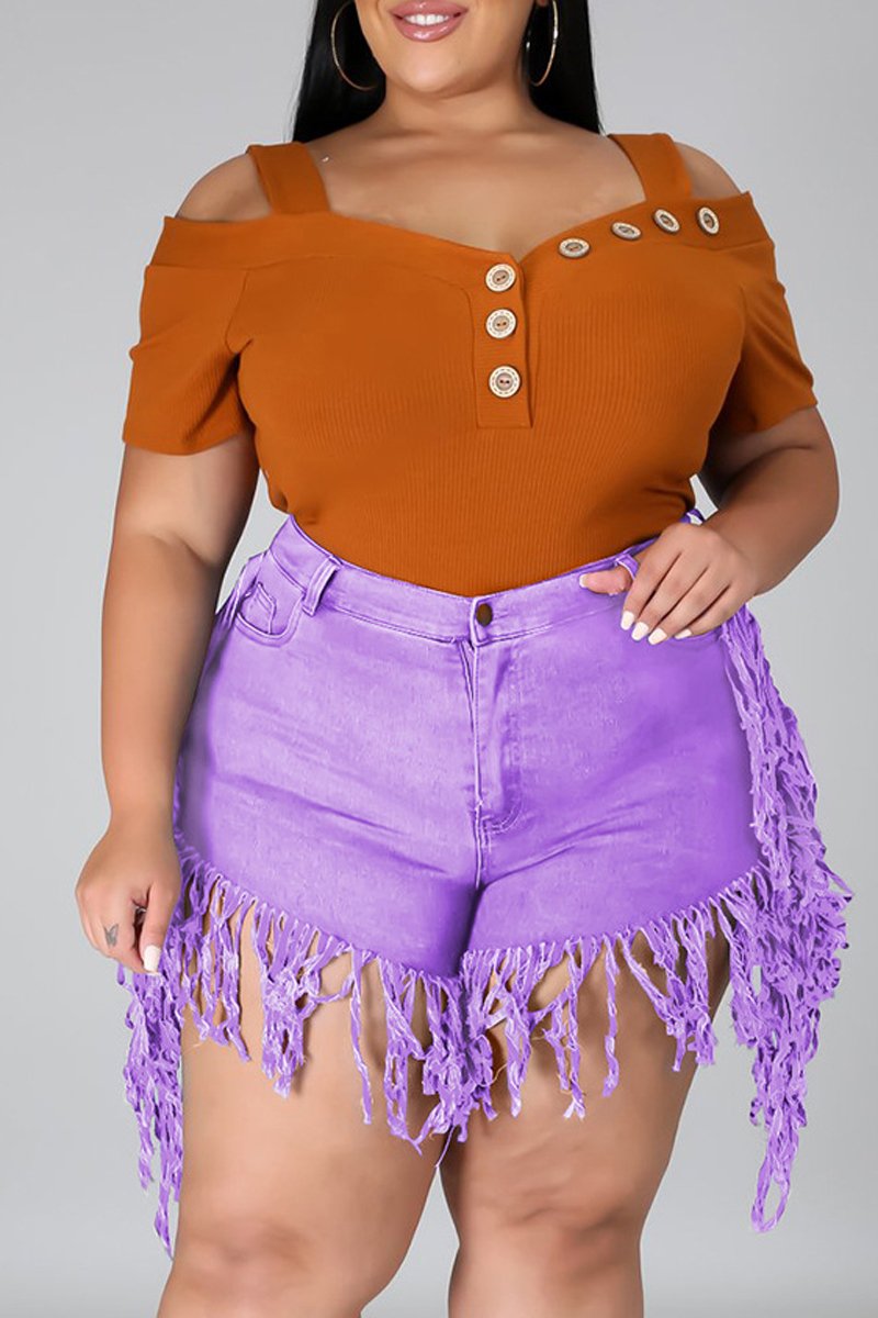 Plus Size Denim Tassel Hem Pocket Shorts