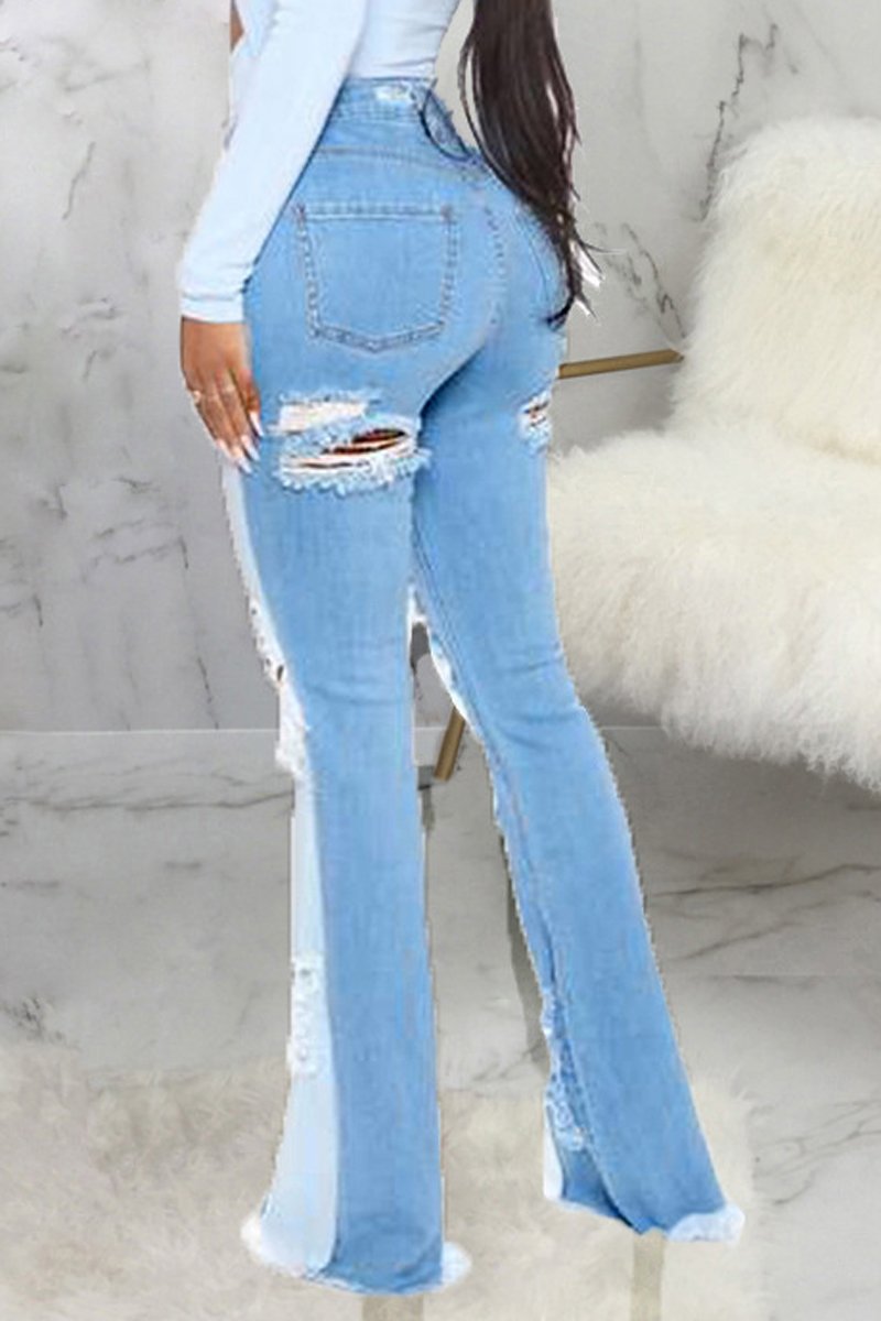 Plus Size Denim Color Patchwork Hole Distressed Jeans
