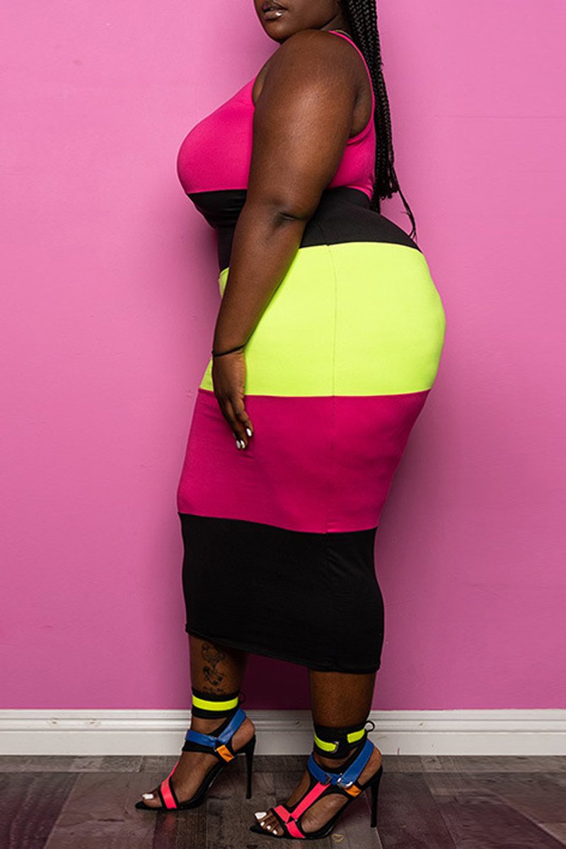 Plus Size Color Patchwork Square Collar Dress