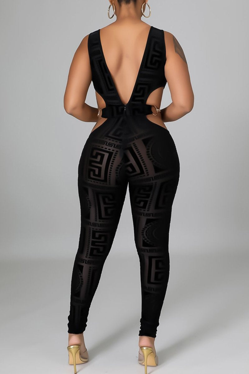 Plus Size Deep V-Neck Printed Hollow Out Jumpsuit
