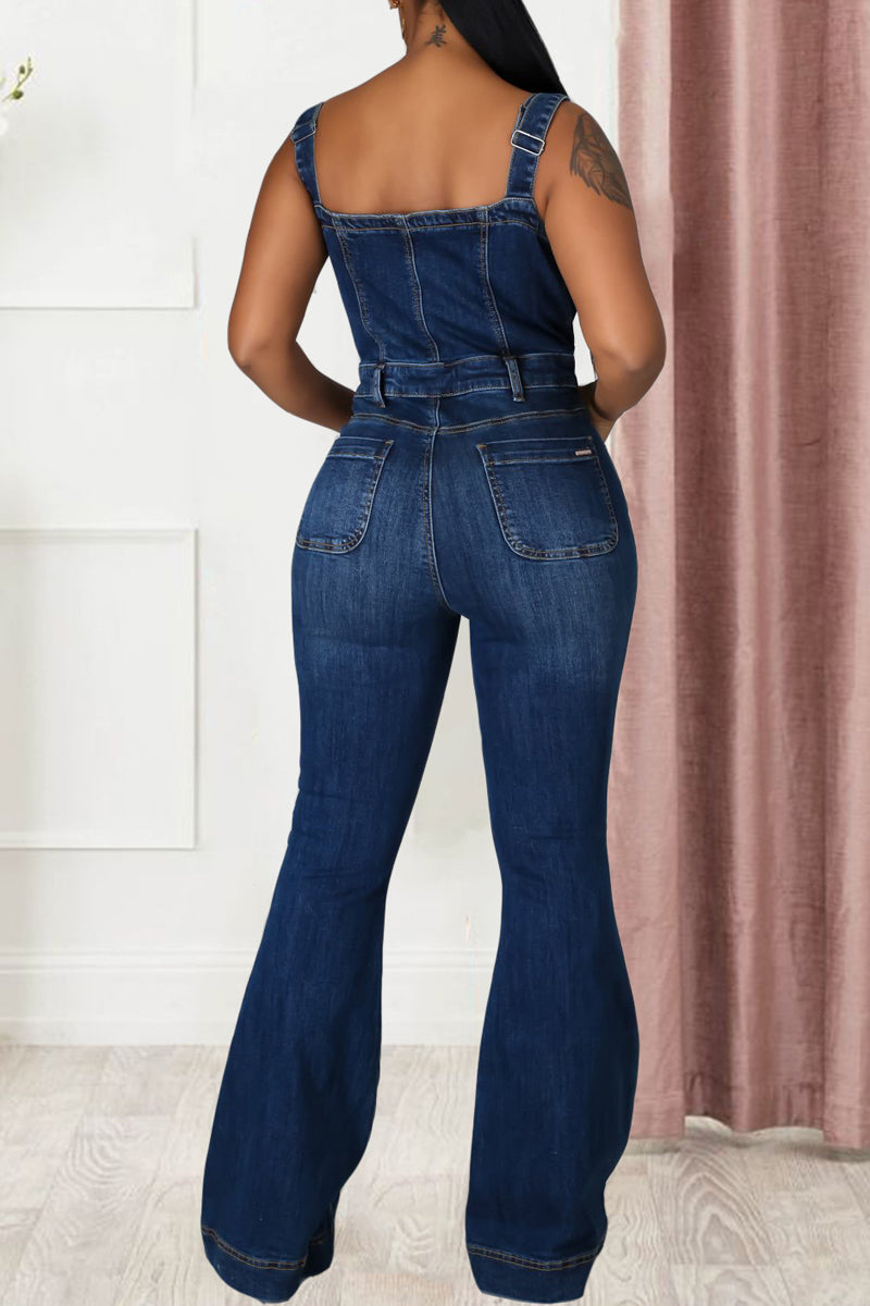 Plus Size Denim Halter Button Up Flare Jumpsuit